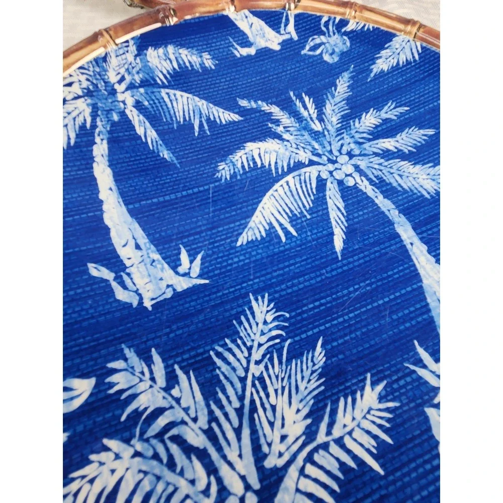 Member's Mark Cobalt Blue White Palm Trees Faux Rattan Trim 6 Melamine Plates